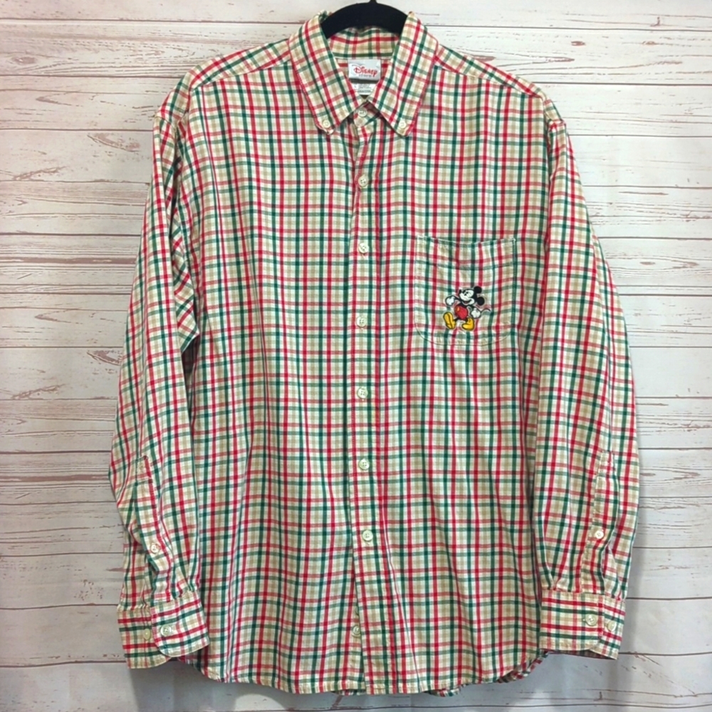 Vintage Disney Store Mickey Mouse Plaid Button Front Long Sleeve Shirt Large